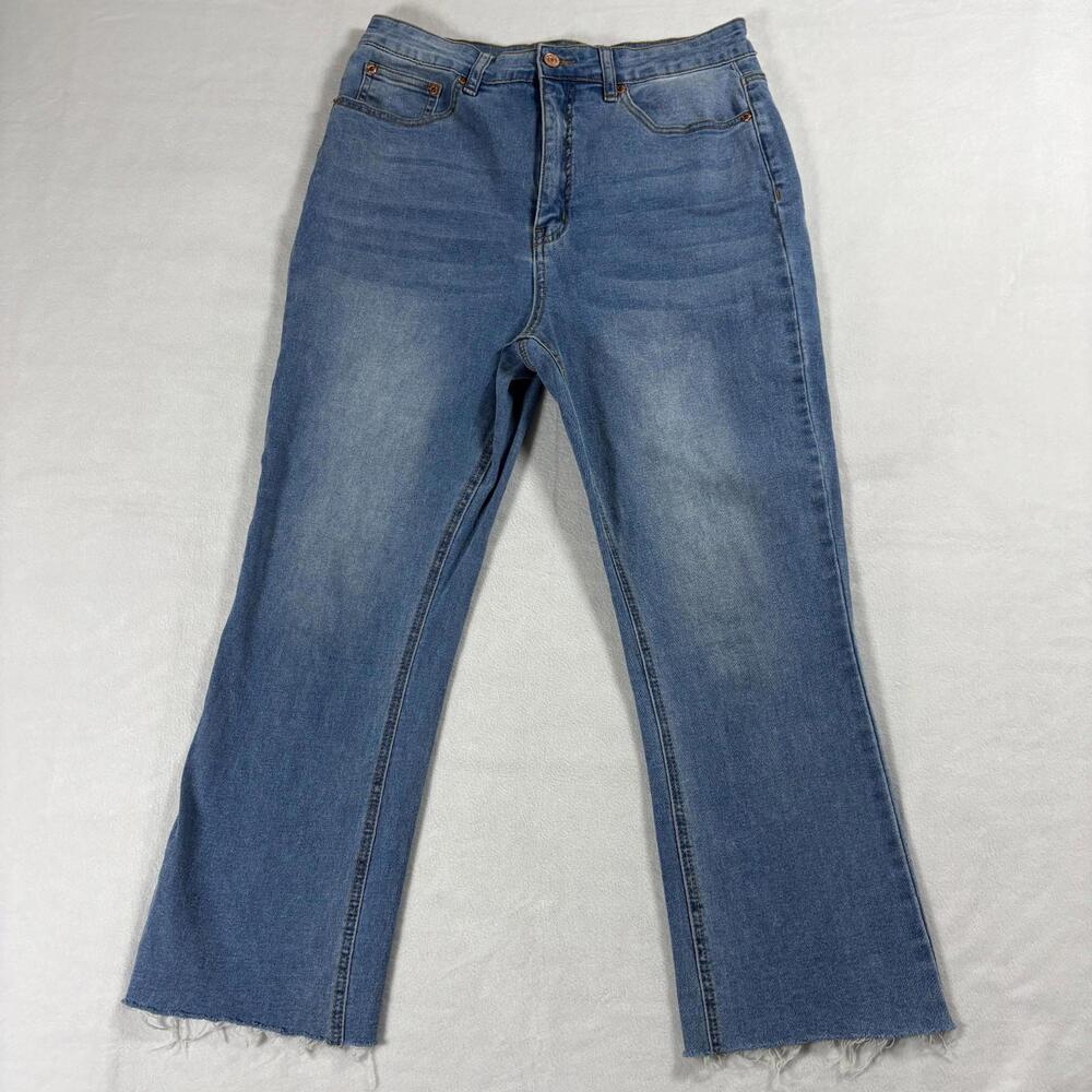 Thread Market Women’s 9/29 Flare Jeans Raw Hem Stretch Denim Blue